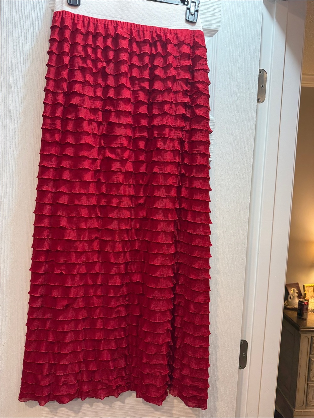 Tiered Red Maxi Skirt with Ruffle Texture